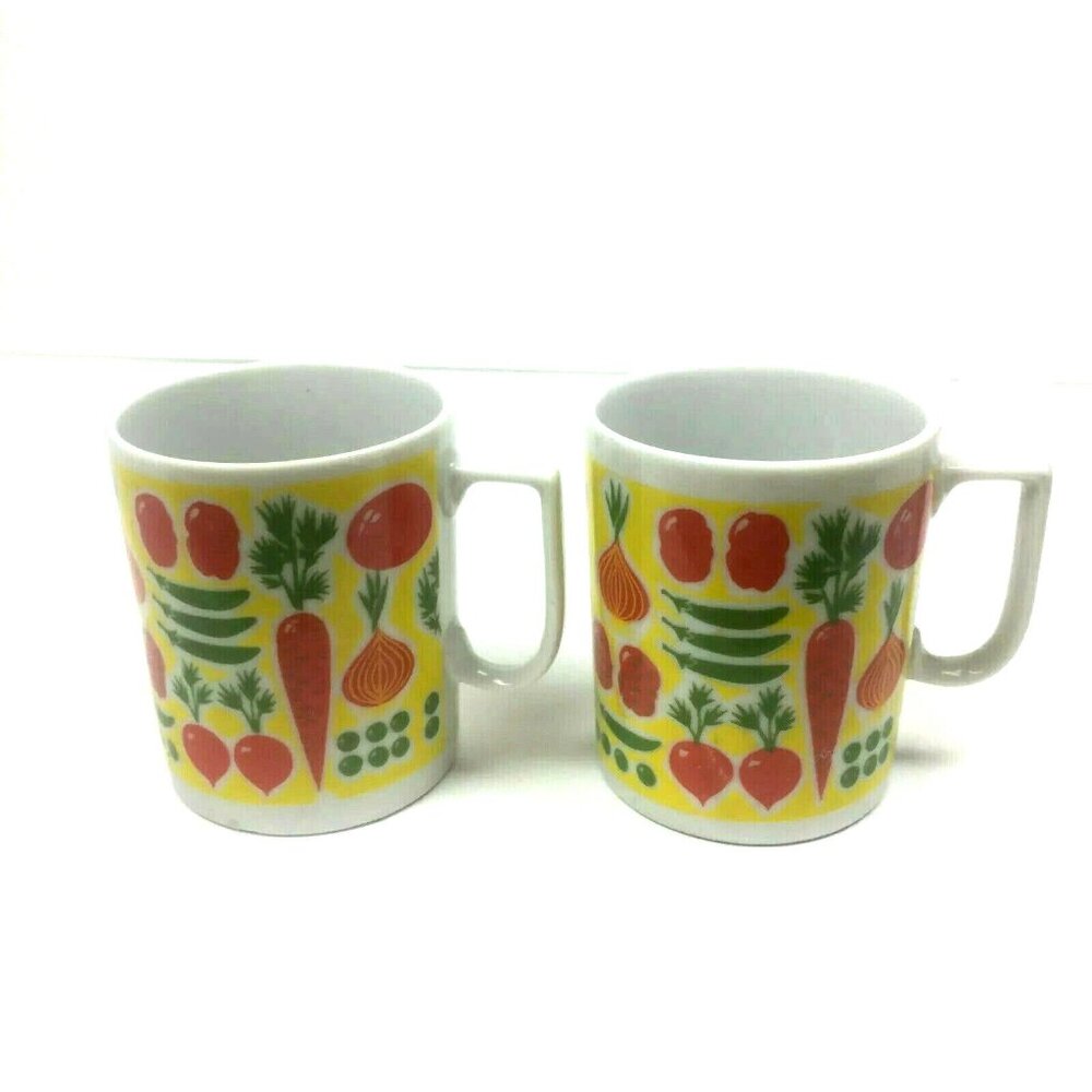 Nevco Coffee Tea Cups MOD Japan Small Yellow Red Vegetable Motif Set Of 2